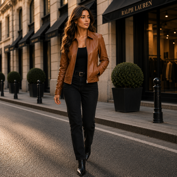 Women's Brown Leather Moto Jacket | Orca Leather Collection
