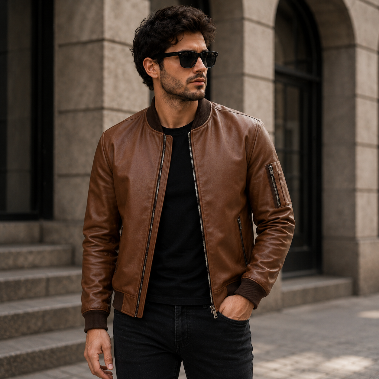 Men's Brown Leather Bomber Jacket | Orca Leather Collection