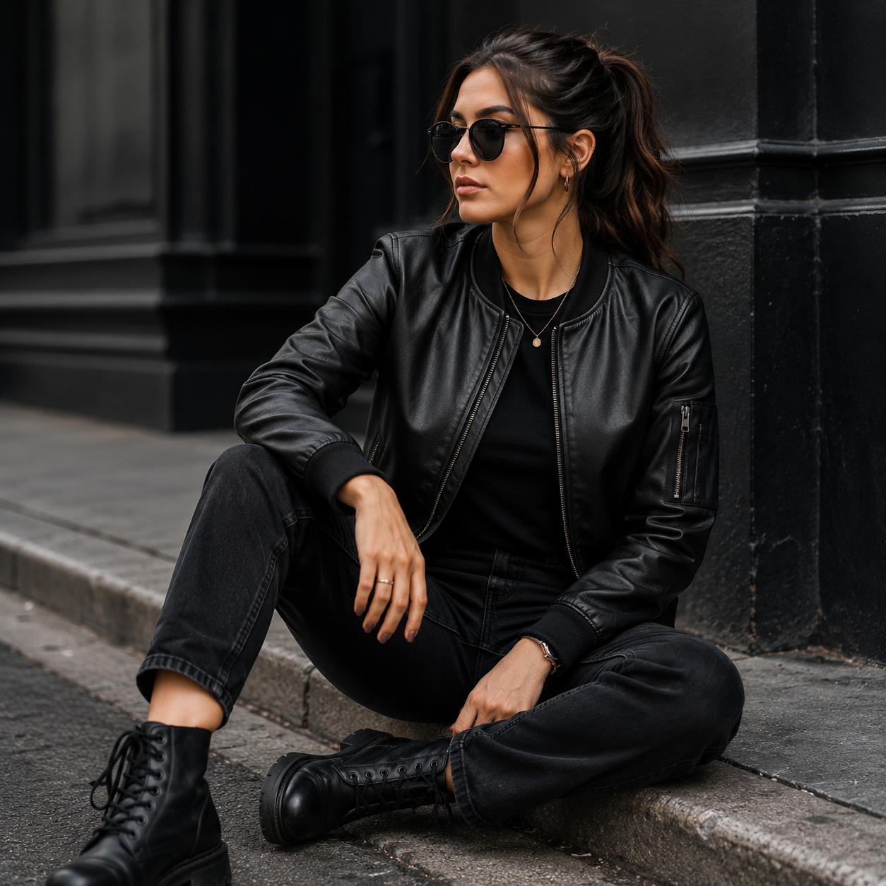Women's Black Leather Bomber Jacket | Orca Leather Collection