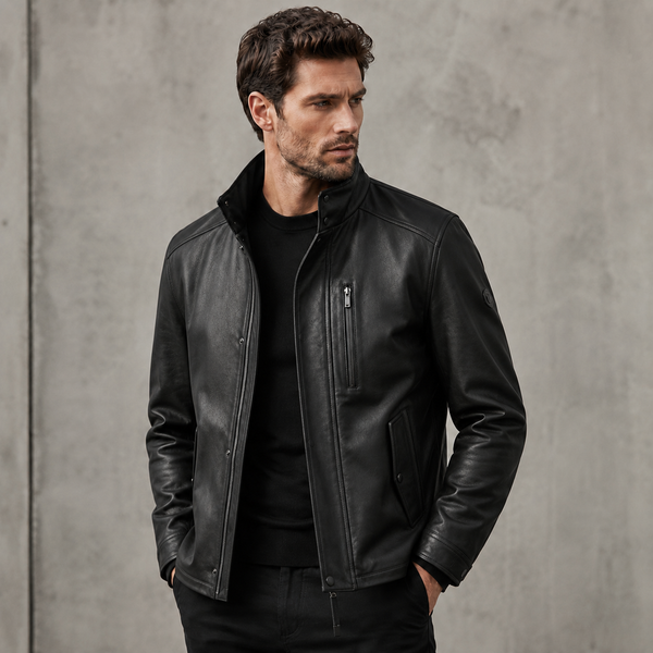 Men's Black Leather Stand Collar Racer Jacket | Orca Leather Collection