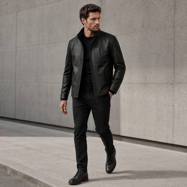 Men's Black Leather Stand Collar Racer Jacket | Orca Leather Collection