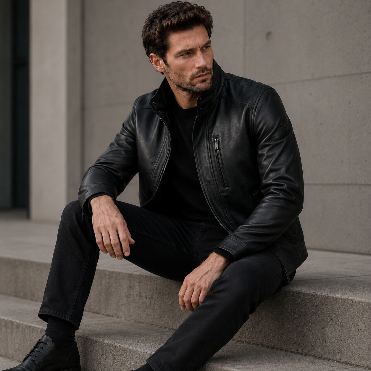 Men's Black Leather Stand Collar Racer Jacket | Orca Leather Collection