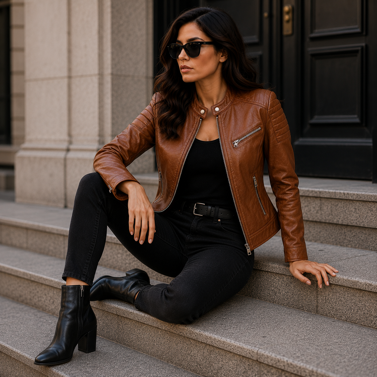 Women's Brown Leather Quilted Moto Jacket | Orca Leather Collection