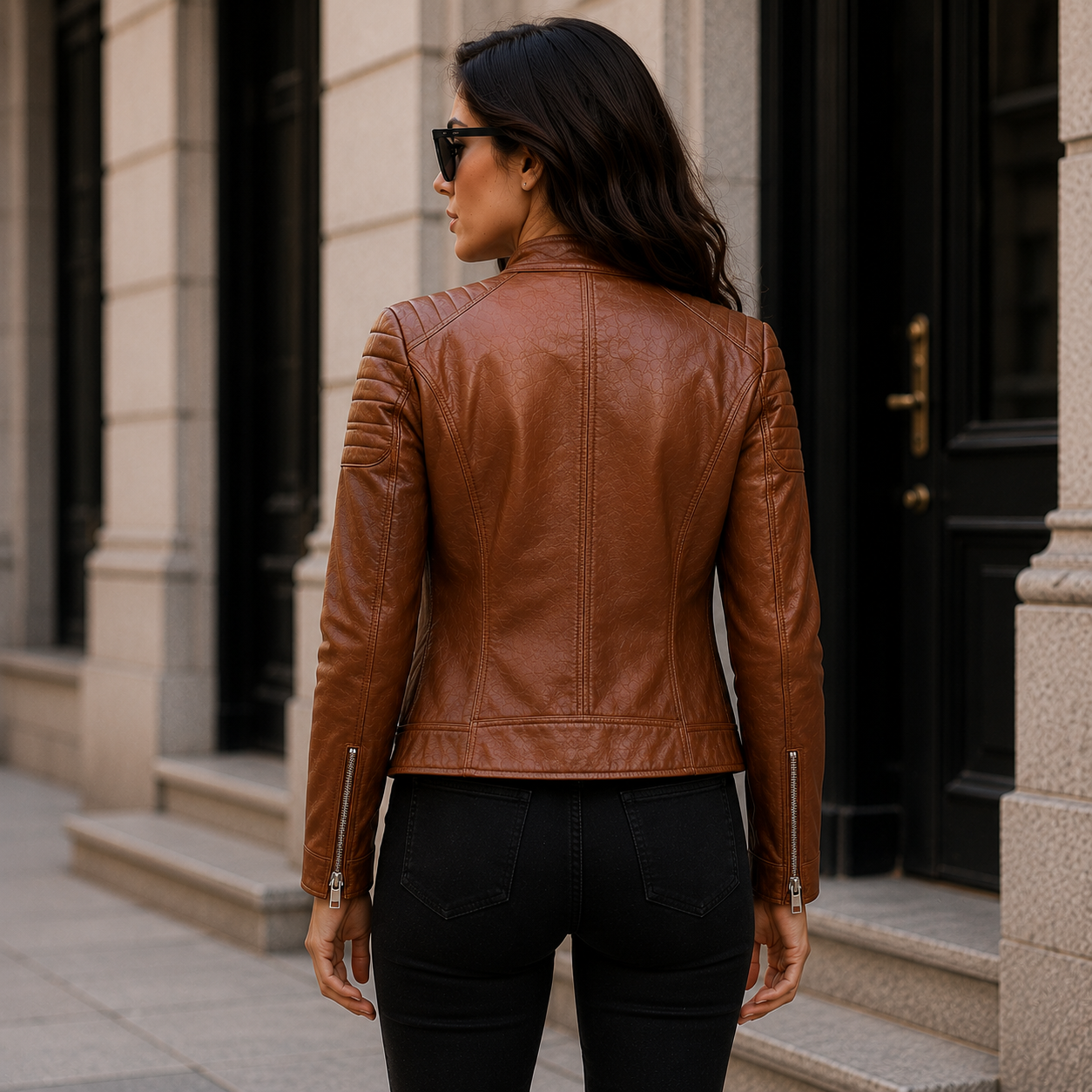 Women's Brown Leather Quilted Moto Jacket | Orca Leather Collection