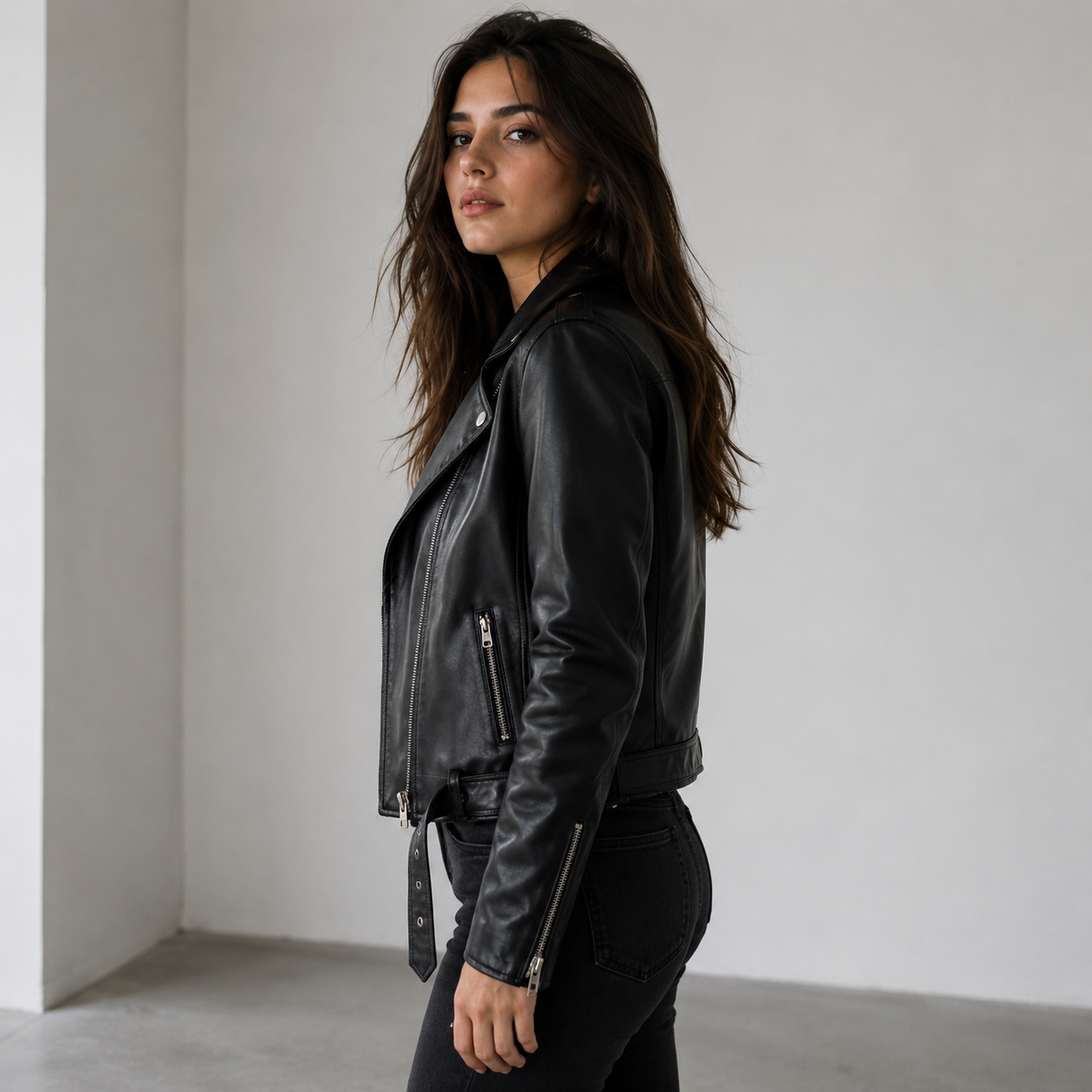 Women's Black Leather Biker Jacket | Orca Leather Collection