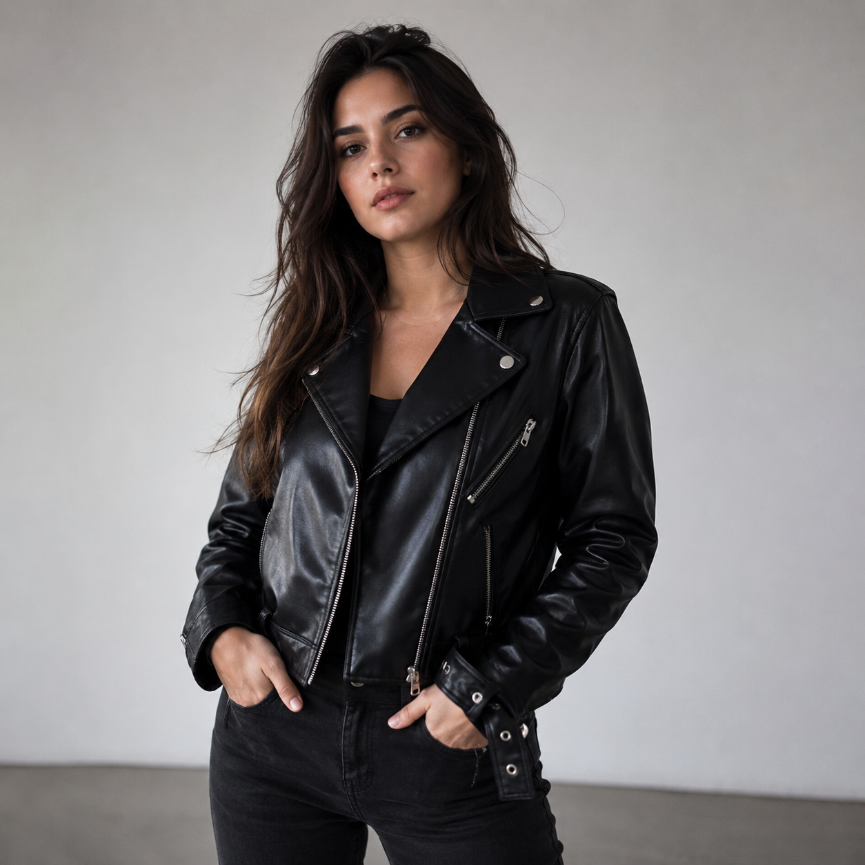 Women's Black Leather Biker Jacket | Orca Leather Collection