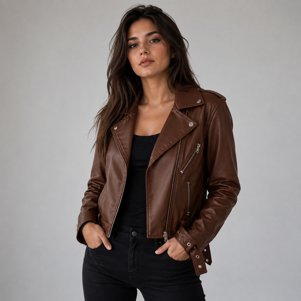 Women's Brown Leather Biker Jacket | Orca Leather Collection