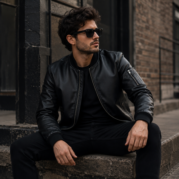 Men's Black Leather Bomber Jacket | Orca Leather Collection