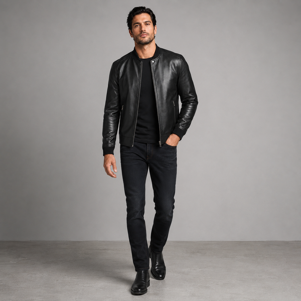 Men's Black Leather Snap Collar Jacket | Orca Leather Collection