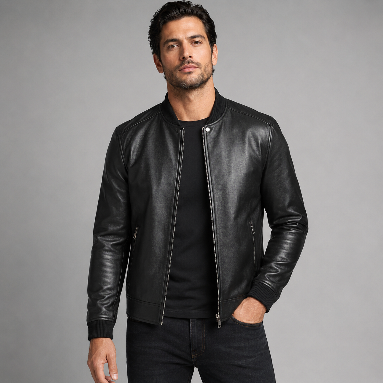 Men's Black Leather Snap Collar Jacket | Orca Leather Collection