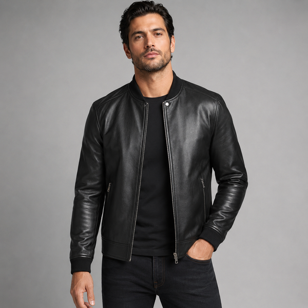 Men's Black Leather Snap Collar Jacket | Orca Leather Collection