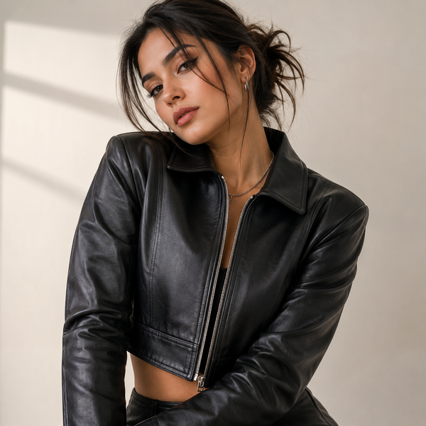 Women's Black Leather Cropped Jacket | Orca Leather Collection