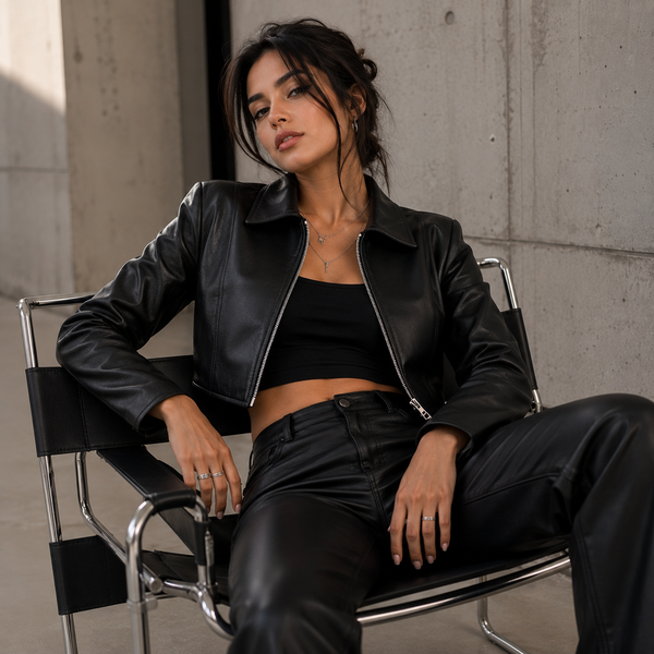 Women's Black Leather Cropped Jacket | Orca Leather Collection