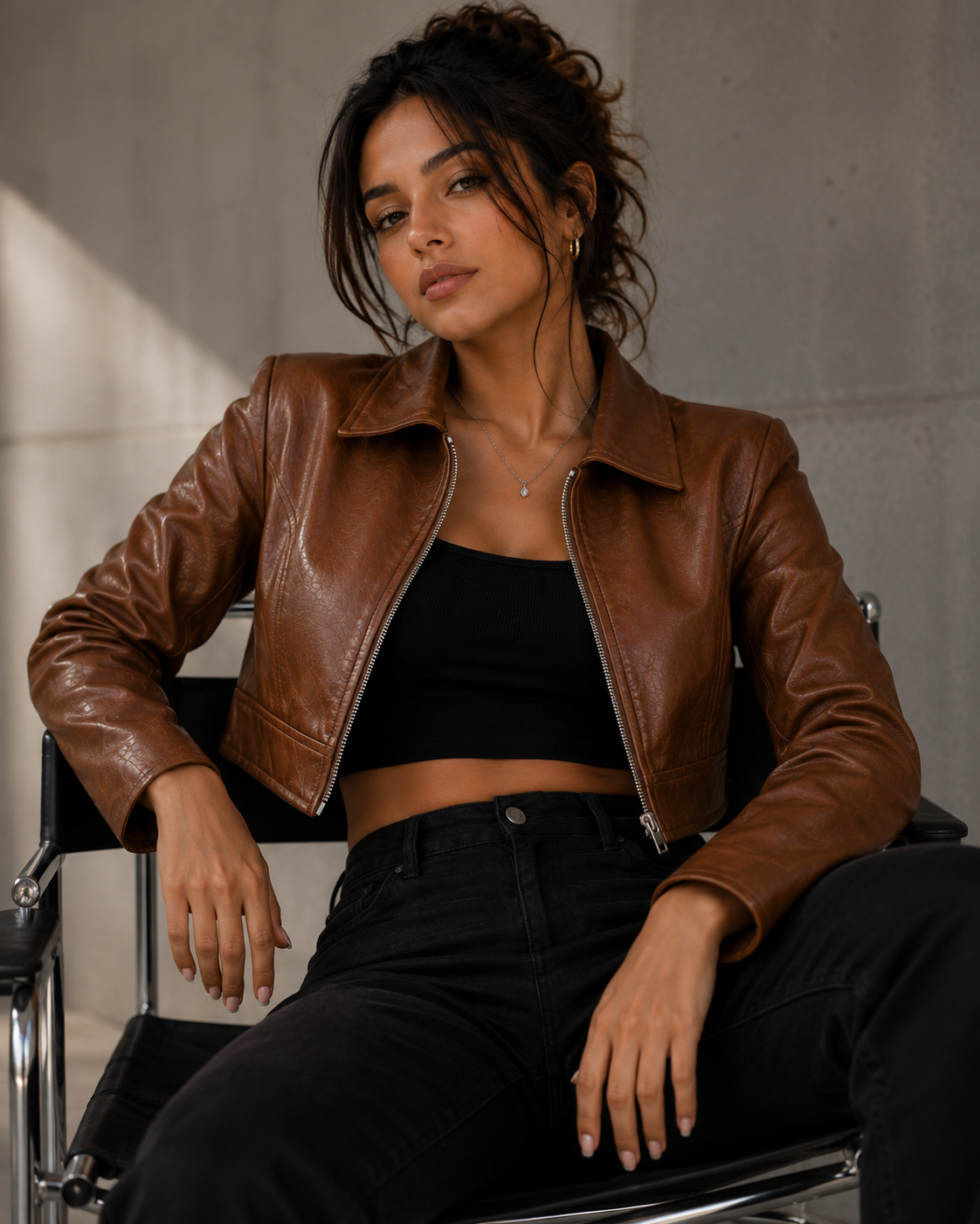 Women's Brown Leather Cropped Jacket | Orca Leather Collection