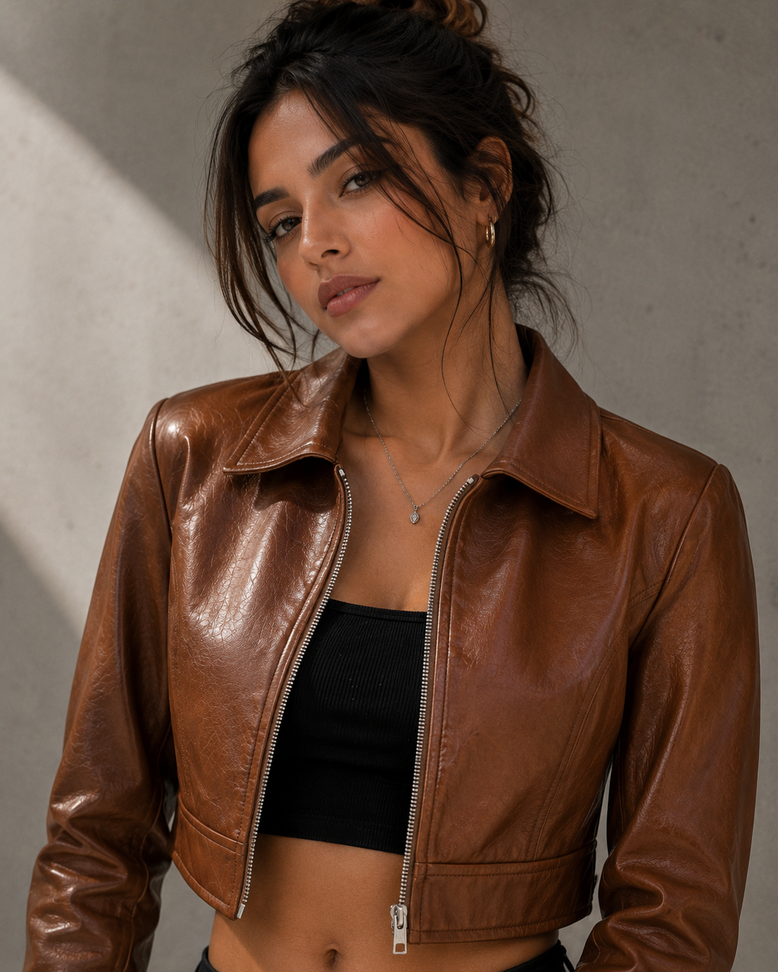 Women's Brown Leather Cropped Jacket | Orca Leather Collection