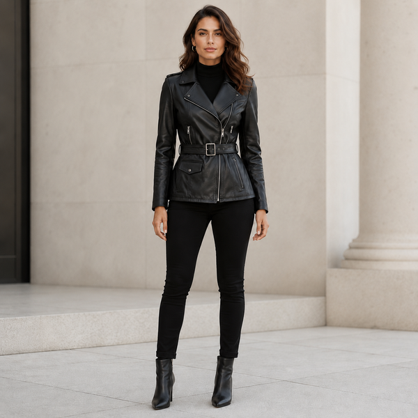 Women's Black Leather Belted Biker Jacket | Orca Leather Collection