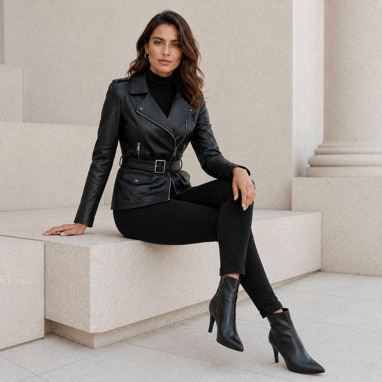 Women's Black Leather Belted Biker Jacket | Orca Leather Collection