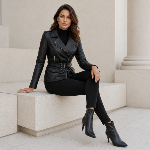 Women's Black Leather Belted Biker Jacket | Orca Leather Collection