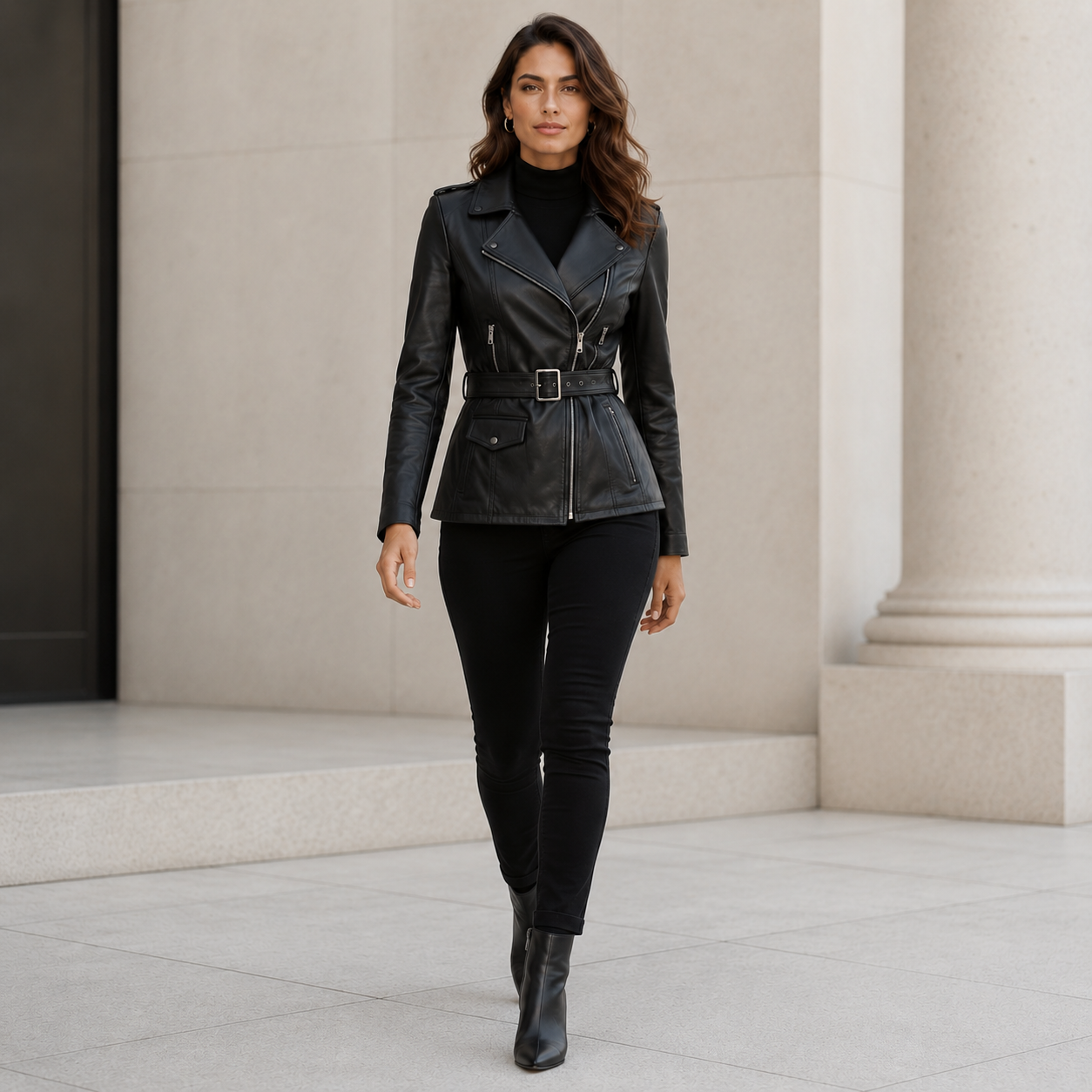 Women's Black Leather Belted Biker Jacket | Orca Leather Collection