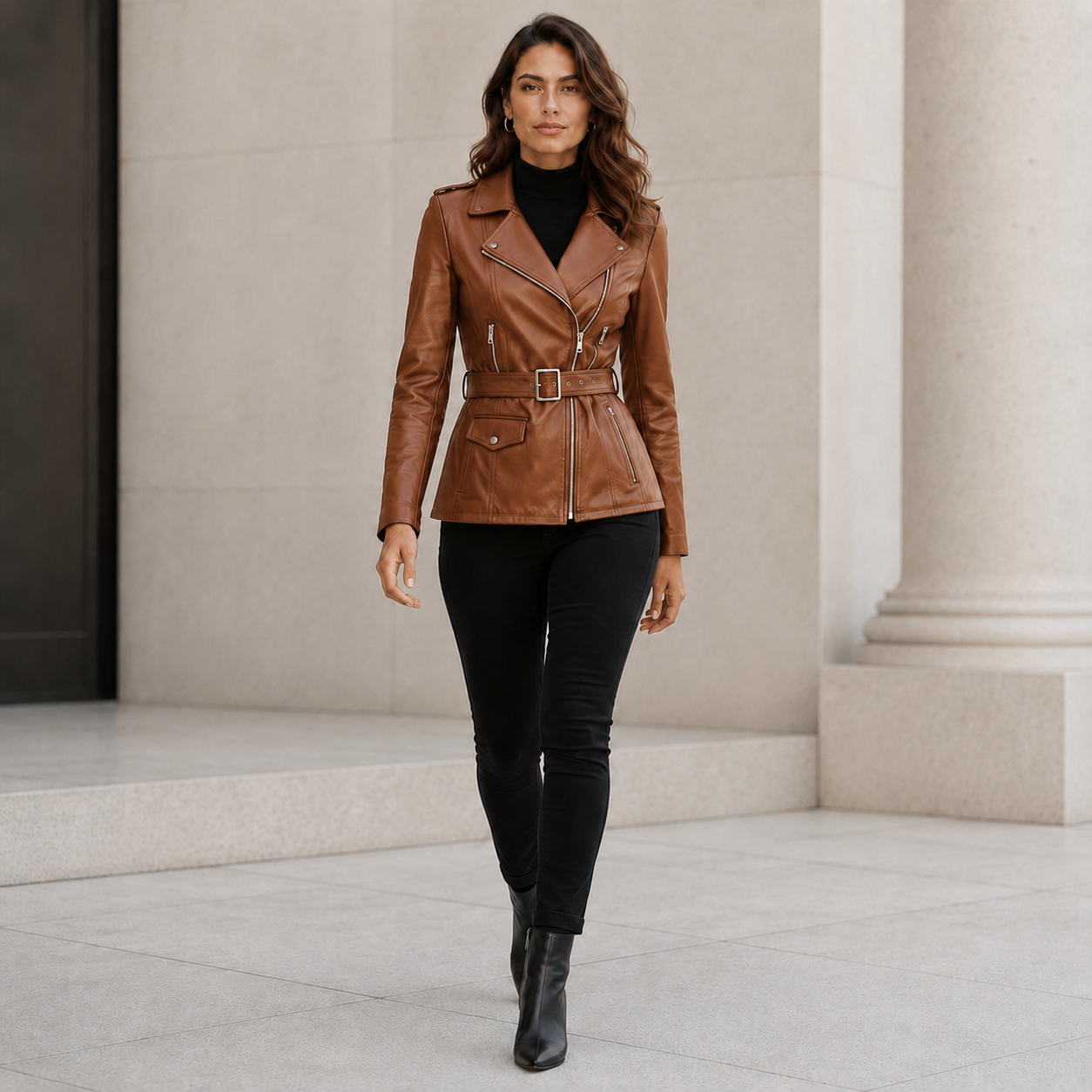 Women's Brown Leather Belted Biker Jacket | Orca Leather Collection