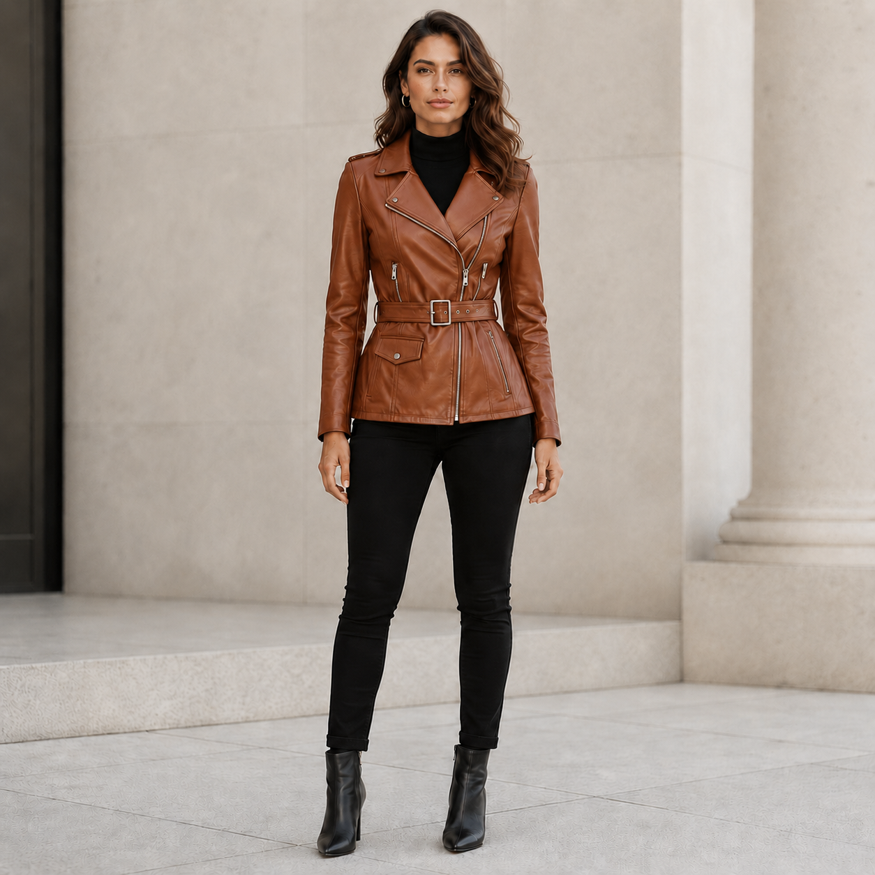 Women's Brown Leather Belted Biker Jacket | Orca Leather Collection