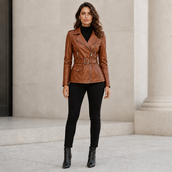 Women's Brown Leather Belted Biker Jacket | Orca Leather Collection