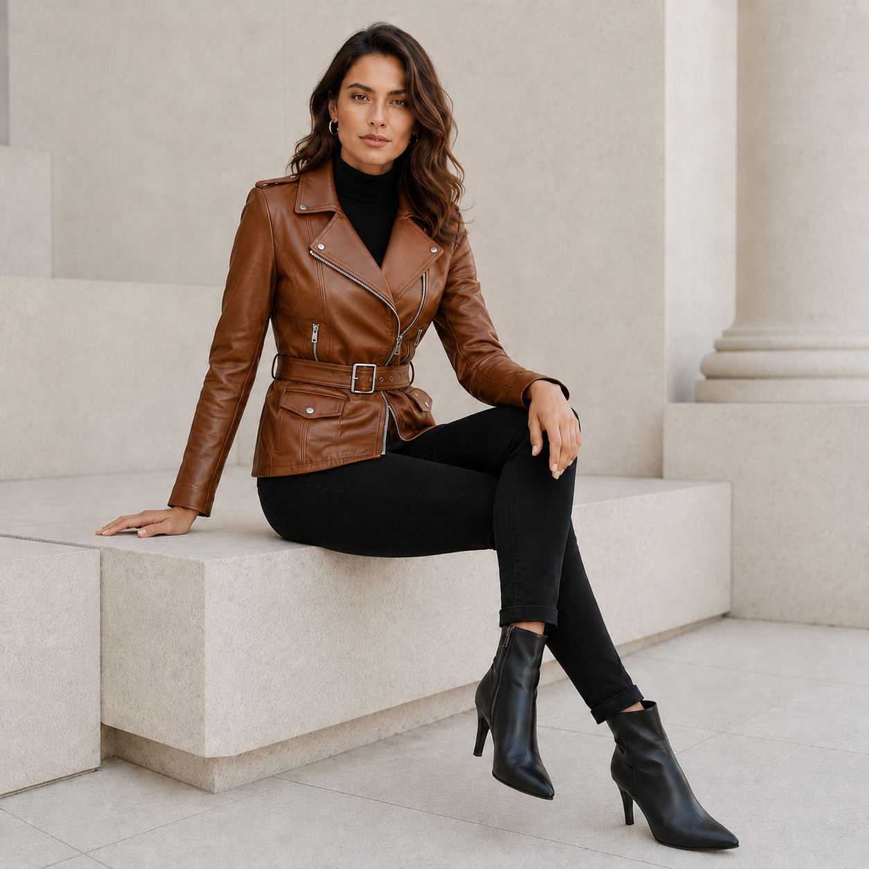 Women's Brown Leather Belted Biker Jacket | Orca Leather Collection