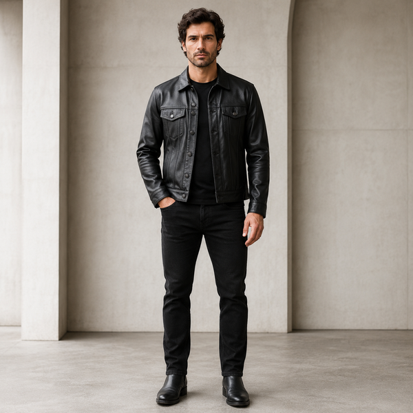 Men's Black Leather Trucker Jacket | Orca Leather Collection