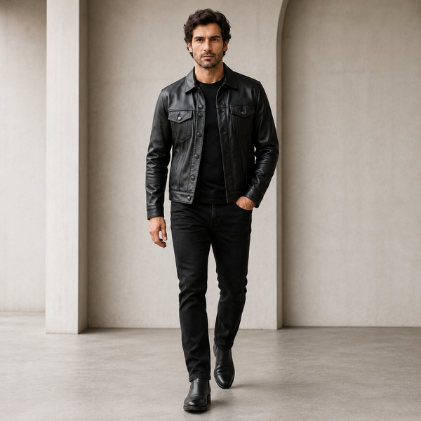 Men's Black Leather Trucker Jacket | Orca Leather Collection