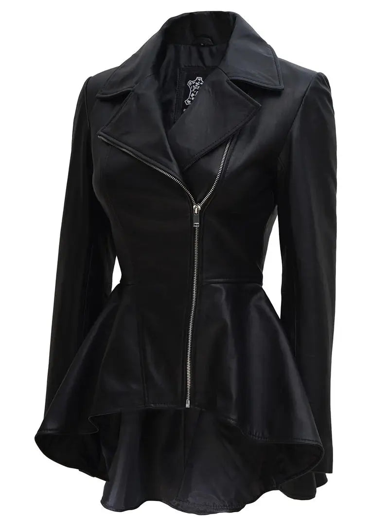 Clarissa Womens Black Asymmetrical Peplum Leather Jacket - Orca Cloths
