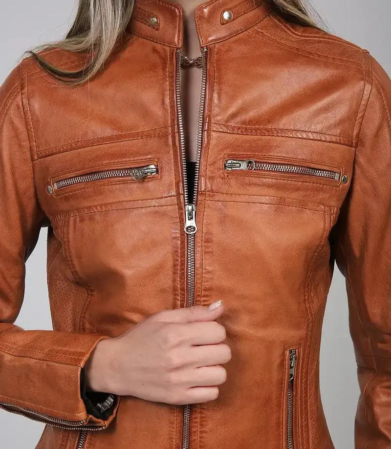 Austin Tan Motorcycle Leather Jacket for Women - Orca Cloths
