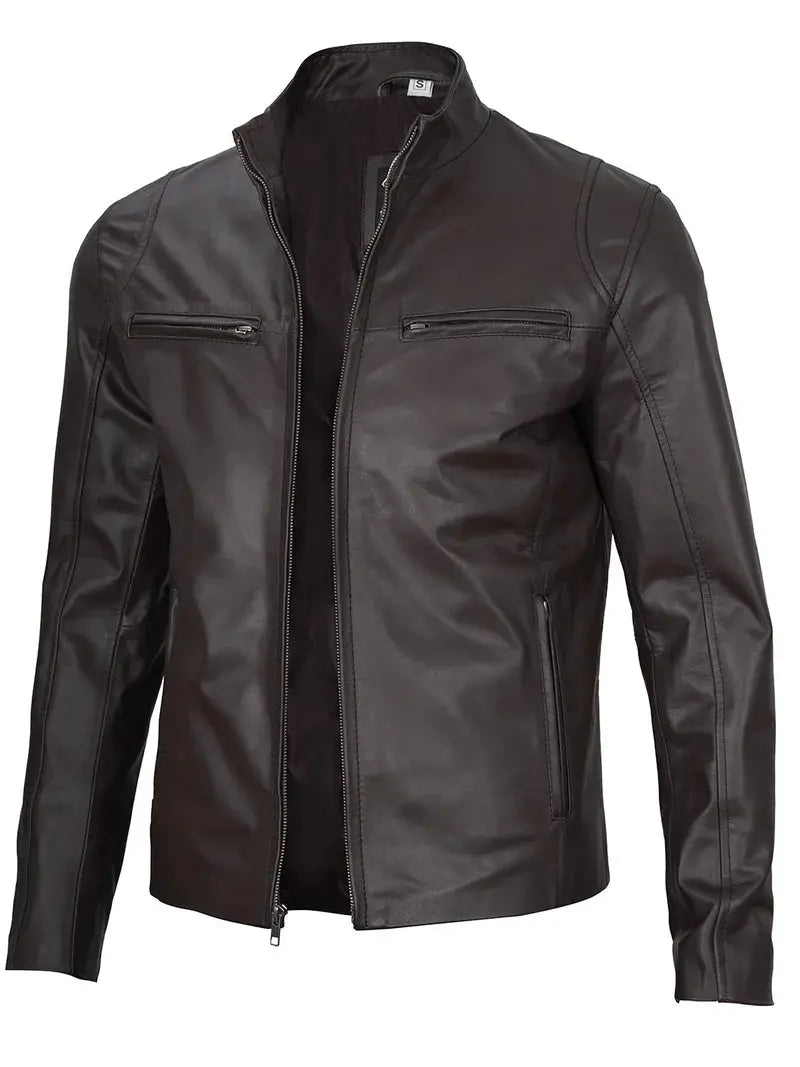 Clinton Dark Brown Cafe Racer Leather Jacket - Orca Cloths