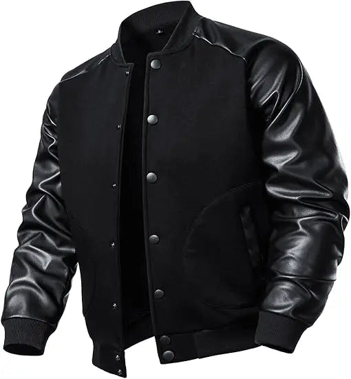 FANARCHER Men’s Varsity Baseball Jacket Cotton Blend Letterman Jacket with Faux Leather Sleeve Bomber Coat