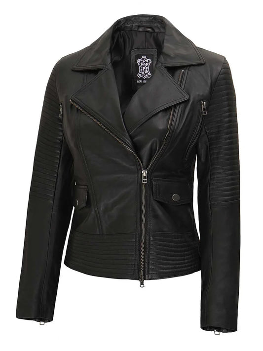 Women's Black Asymmetrical Leather Motorcycle Jacket