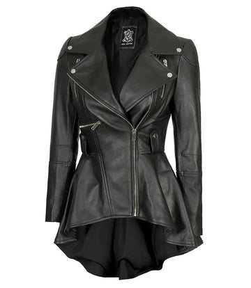 Gonzalez Women’s Black Asymmetrical Peplum Leather Jacket - Orca Cloths