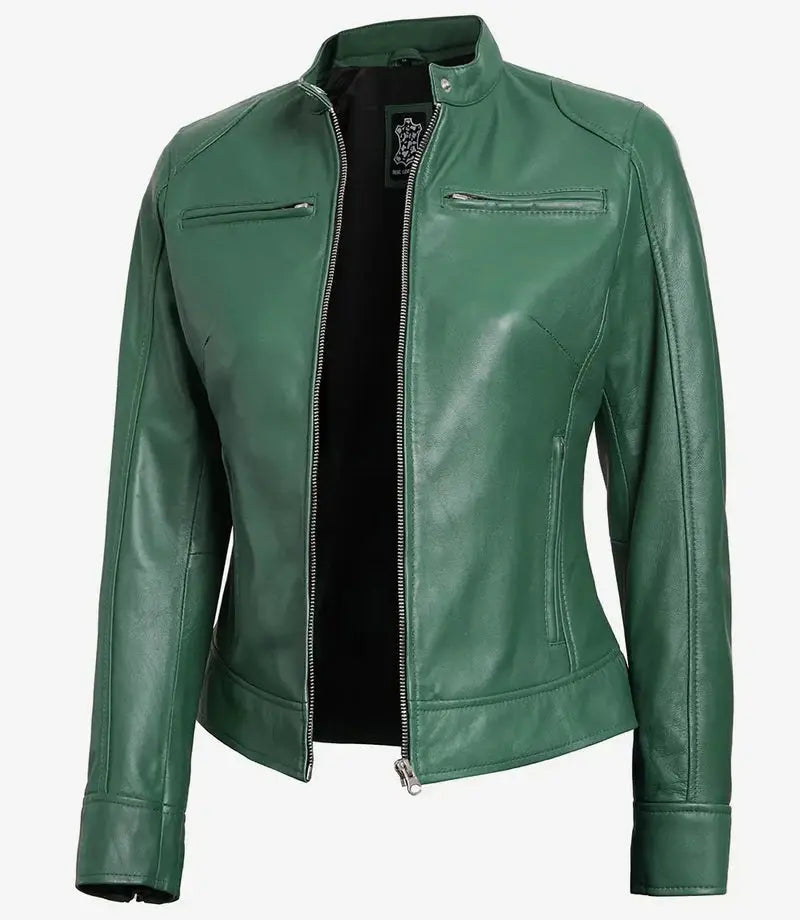 Dodge Women Motorcycle Green Leather Jacket - Orca Cloths