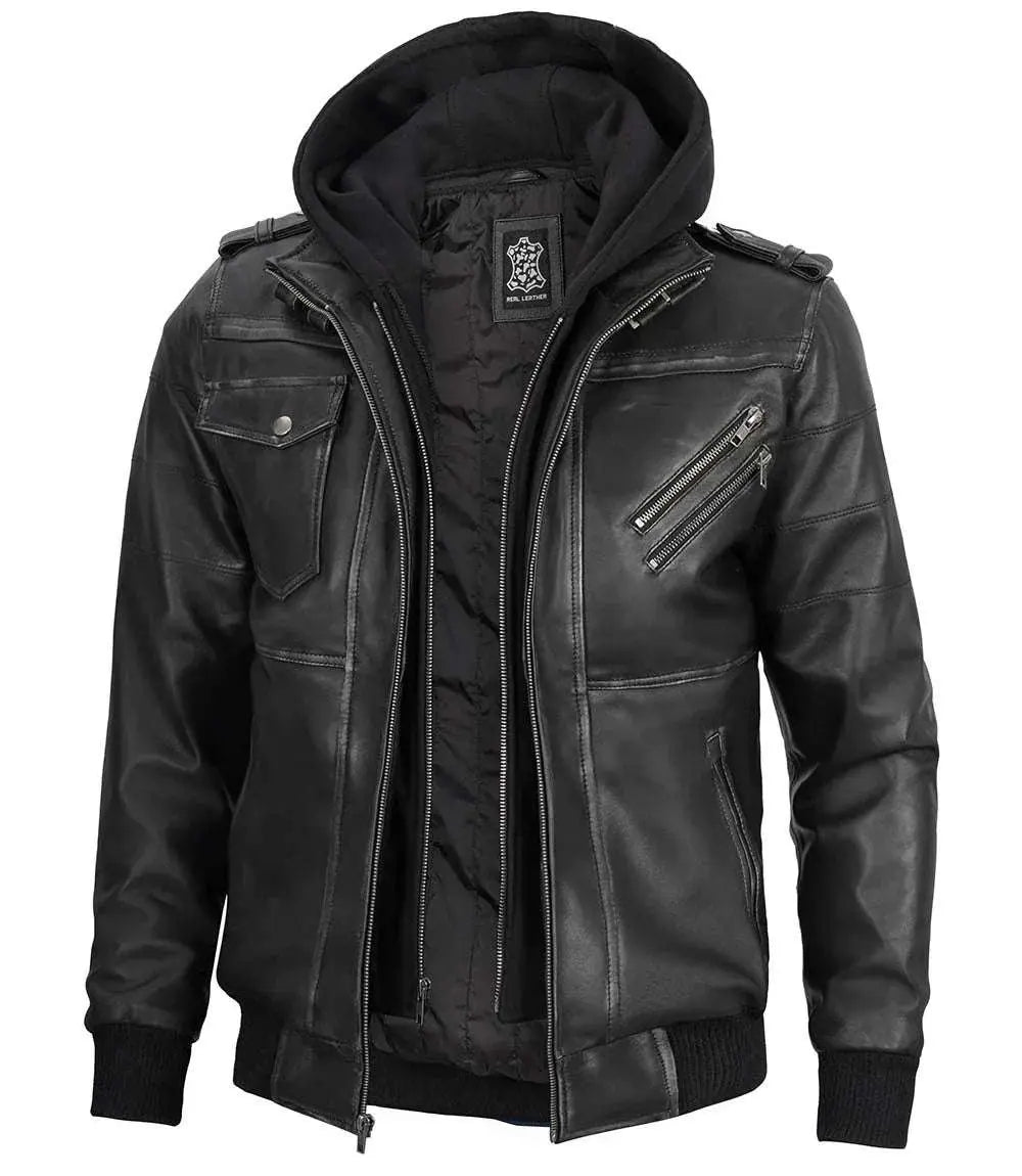 Edinburgh Men's Bomber Grey Removable Hooded Leather Jacket - Orca Cloths