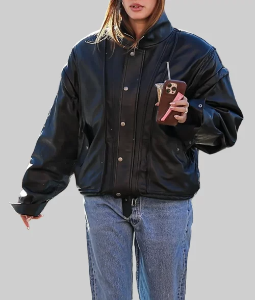 Hailey Bieber Black Leather Bomber Jacket