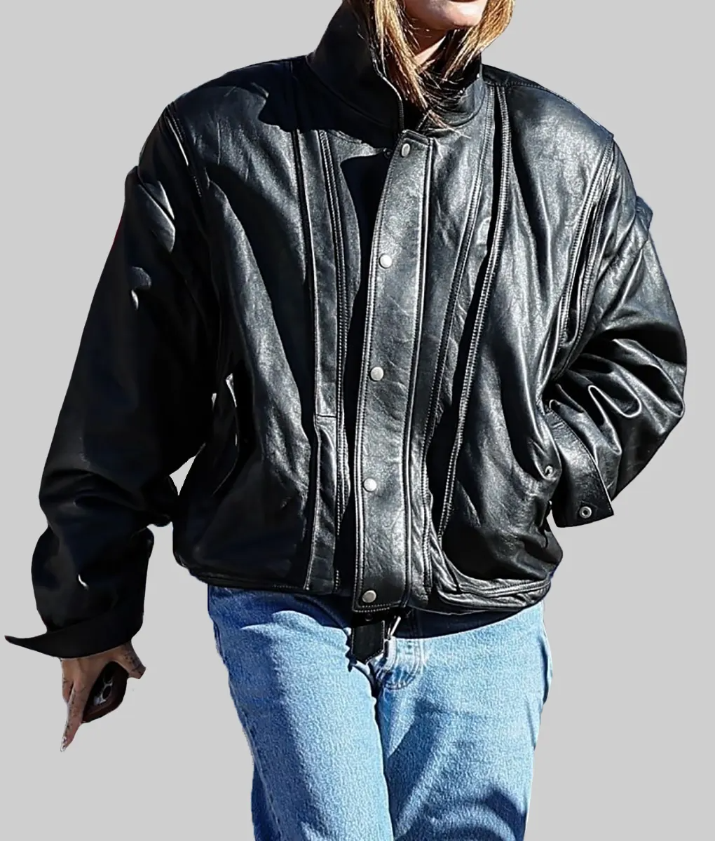 Hailey Bieber Black Women's Leather Bomber Jacket