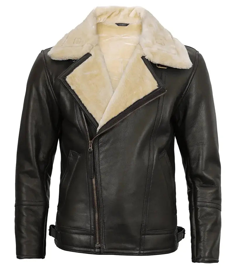 Hartford Asymmetrical Dark Brown Leather Shearling Jacket Mens - Orca Cloths