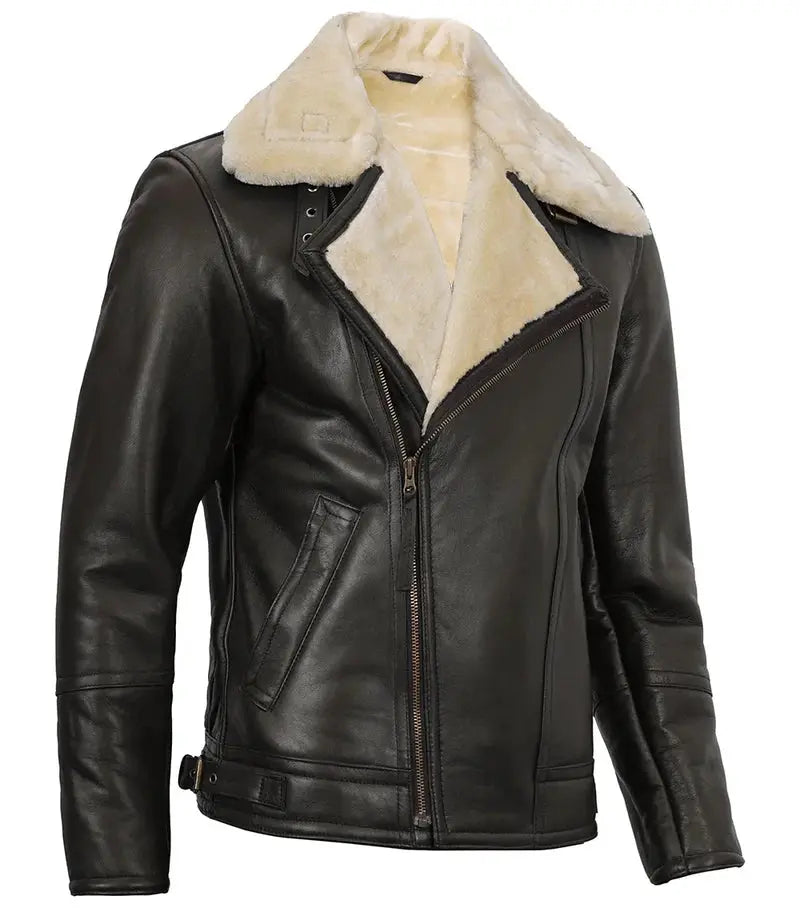 Hartford Asymmetrical Dark Brown Leather Shearling Jacket Mens - Orca Cloths