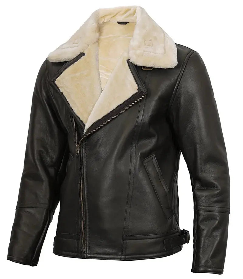 Hartford Asymmetrical Dark Brown Leather Shearling Jacket Mens - Orca Cloths
