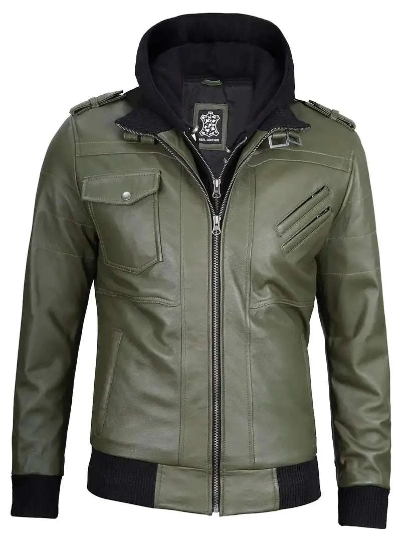 Edinburgh Military Green Mens Hooded Leather Jacket