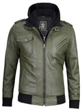 Edinburgh Military Green Mens Hooded Leather Jacket