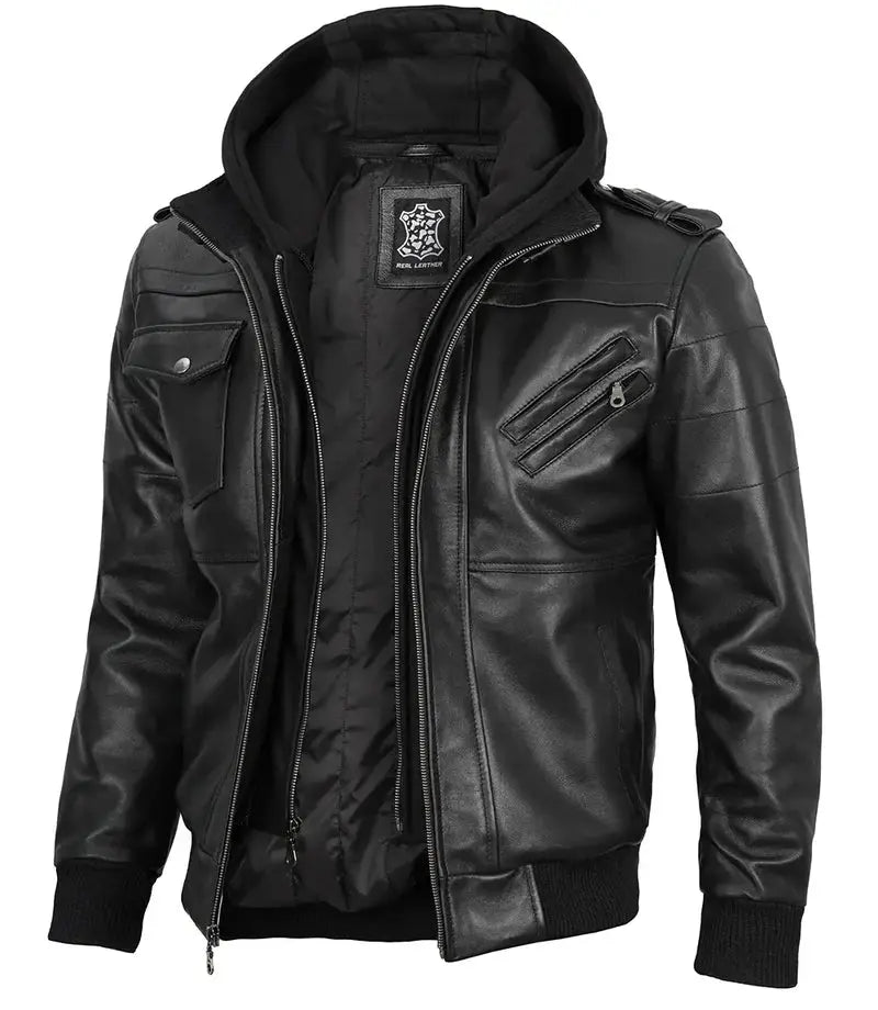 Edinburgh Tall Mens Black Leather Jacket with Removable Hoodie - Orca Cloths