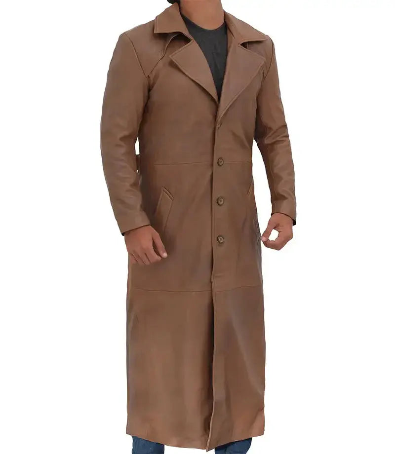Jackson Men's Distressed Brown Leather Long Trench Coat - Orca Cloths