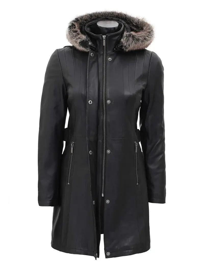 Jean Womens Black Real Leather Hooded Shearling Coat - Orca Cloths