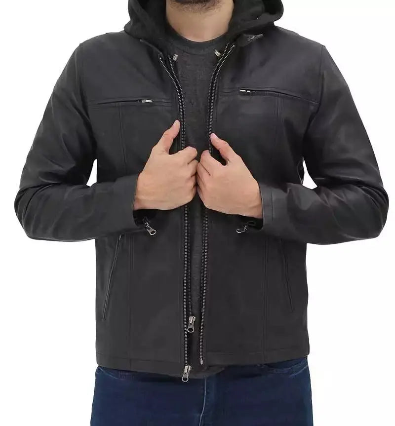 Jonathan Mens Black Cafe Racer Leather Jacket with Removable Hood - Orca Cloths