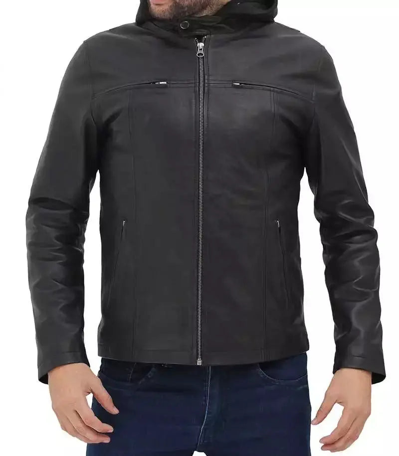 Jonathan Mens Black Cafe Racer Leather Jacket with Removable Hood - Orca Cloths