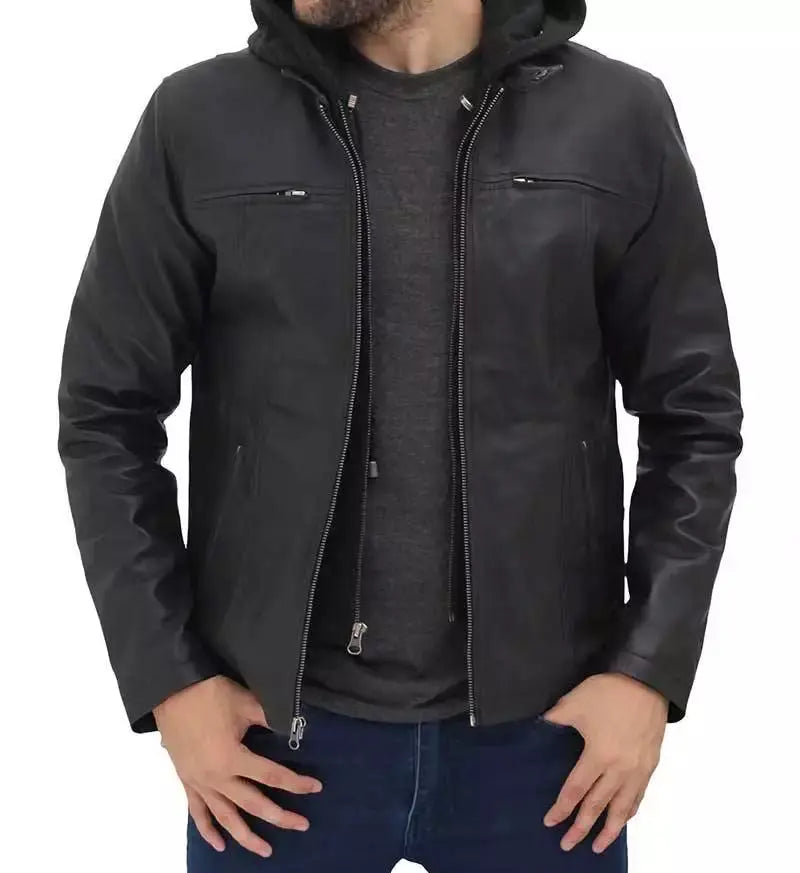 Jonathan Mens Black Cafe Racer Leather Jacket with Removable Hood - Orca Cloths